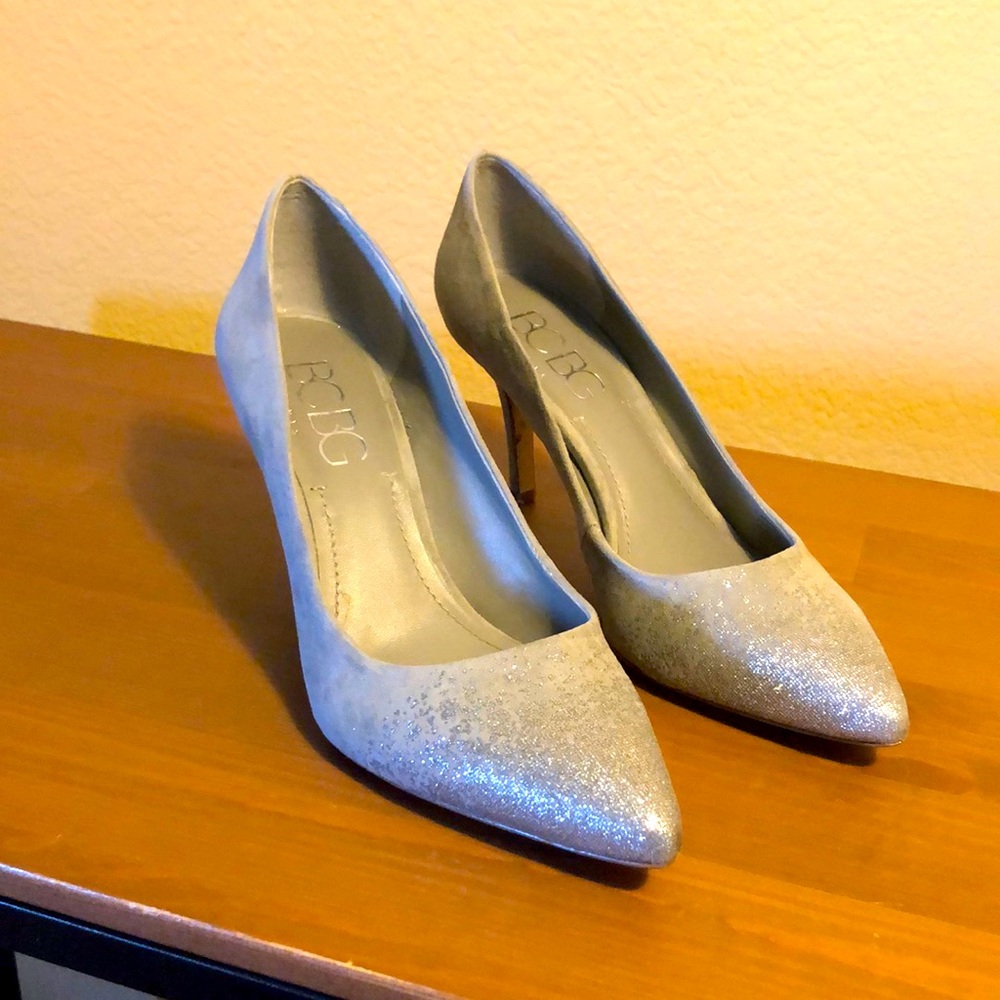 Gray Suede silver sparkle BCBG heels